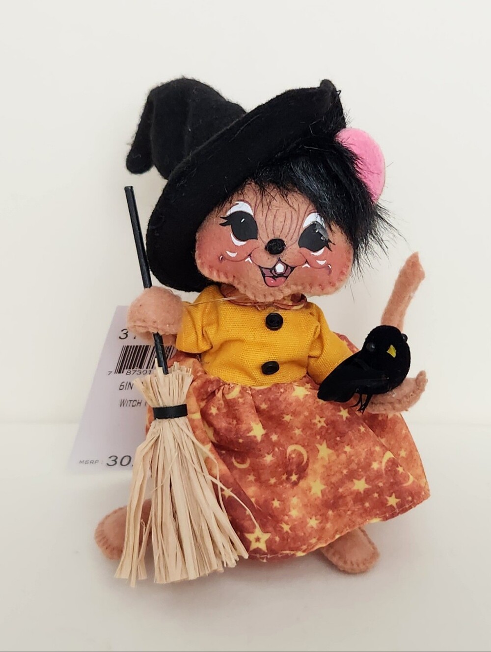 Annalee 6" Moonlight Witch Mouse w/ Broom Crow Halloween Doll, 2022, New w/Tag